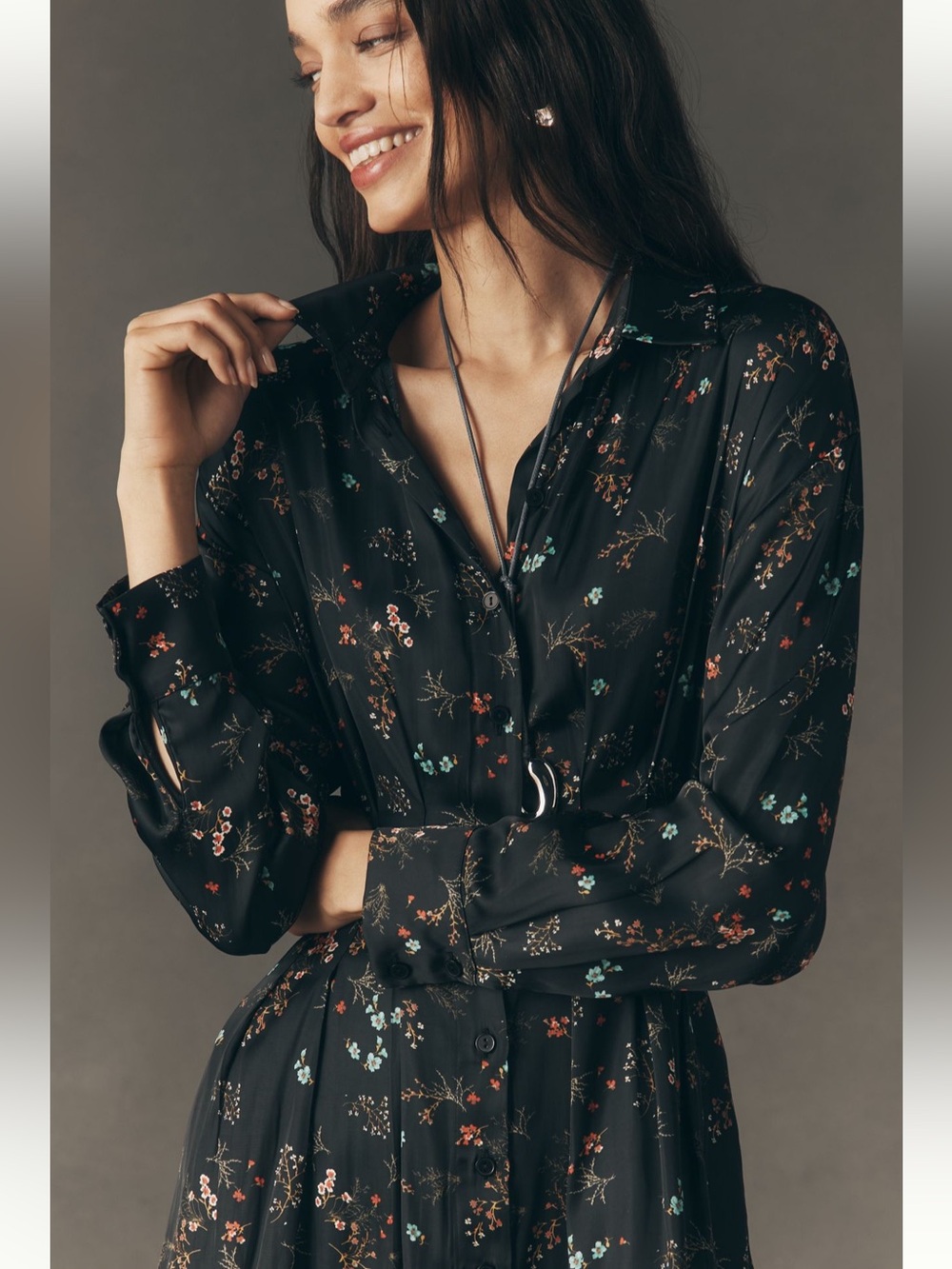 Anthropologie Romantic Tobie Black Satin Floral Mini Shirt Dress NWT M Femme - Picture 3 of 11